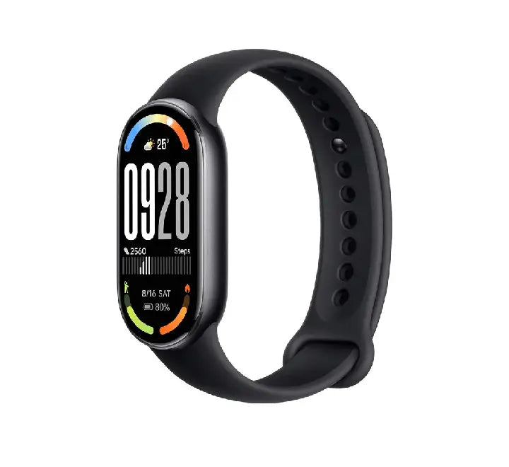 Close-up of the bright 1500 nits AMOLED display on the Xiaomi Smart Band 10 showing readable notifications in sunlight