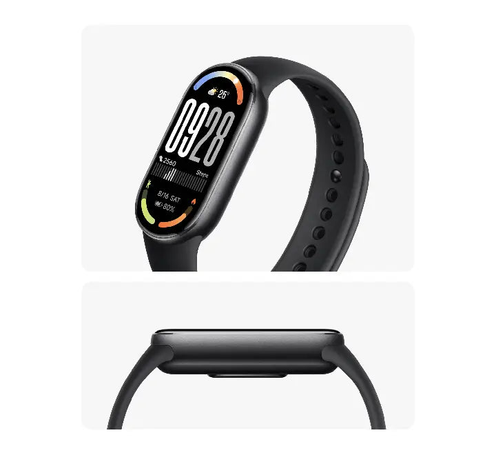 Side profile view of the slim sandblasted aluminum alloy frame on the Xiaomi Smart Band 10