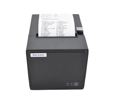 Front top view of the Xprinter XP-80U 80mm thermal receipt printer showing the power switch, status LEDs, and paper output slot.