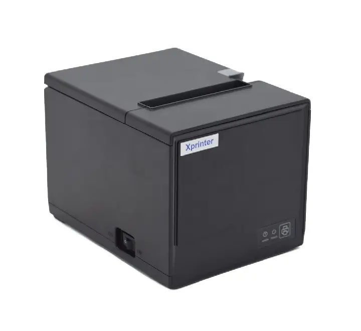 The open internal chamber mechanism of an Xprinter XP-80U showing correct loading placement for an 80mm by 80mm thermal paper roll.