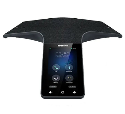 Close-up view of the Yealink CP965 conference phone's 5-inch touchscreen interface displaying call configuration menus.