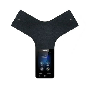 Top-down perspective of the Y-shaped black Yealink CP965 IP conference phone highlighting the 5-inch touch panel and anti-spill fabric.