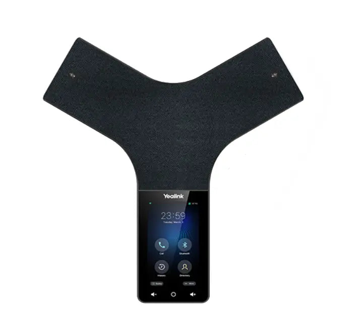 Top-down perspective of the Y-shaped black Yealink CP965 IP conference phone highlighting the 5-inch touch panel and anti-spill fabric.