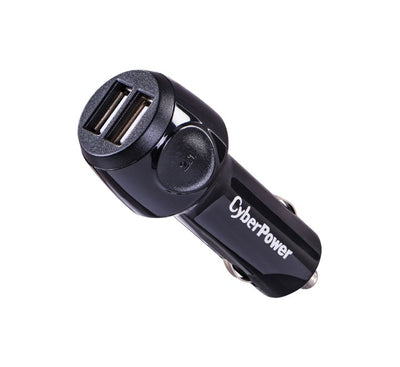 CyberPower CPTDC2U dual USB type-A car charger in black, showing the premium compact adapter casing and 12V DC plug.