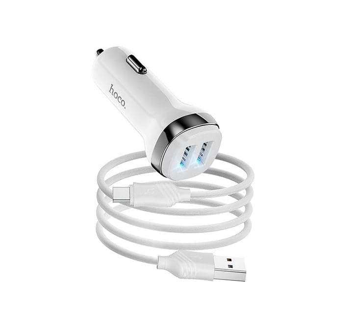 Hoco Z40 Superior Dual Port Car Charger Set with Type-C Cable (White)-29 - ICT.com.mm