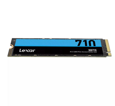 Official retail cardboard packaging of the Lexar NM710 1TB internal M.2 SSD showcasing the 5000MBs read speed badge.