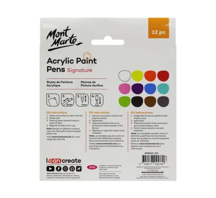 Mont Marte Acrylic Paint Pens Fine Tips 12Pcs (MPN0129), Drawing, Mont Marte - ICT.com.mm