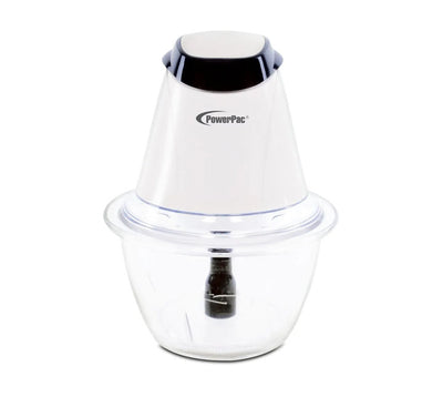 PowerPac PPCP813 1L Mini Chopper Black Edition showing the premium dark motor housing, clear glass bowl, and double stainless steel blades on a kitchen countertop.