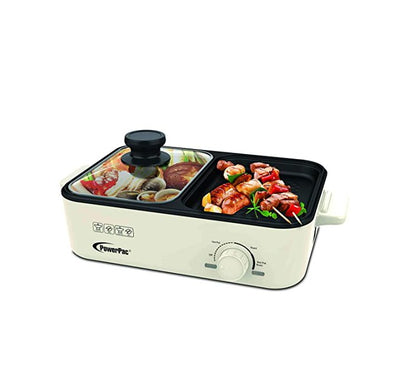 PowerPac PPMC728 2-in-1 steamboat hotpot and tabletop BBQ grill in classic matte black, showing non-stick dual cooking surfaces and control knob.