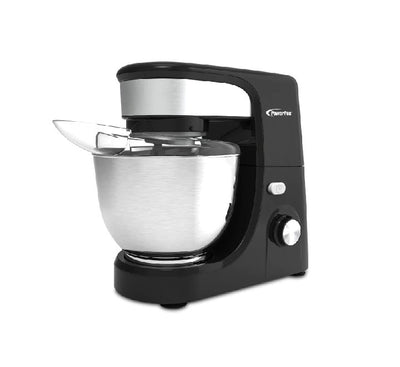 PowerPac PPSM445 5L electric stand mixer in premium midnight black with a 5-liter stainless steel mixing bowl, showing tilt-head locked placement and speed knob.