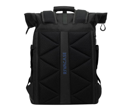 Close up view of the deployed waterproof rain cover and the chest strap rescue whistle on the black Rivacase Dijon 5321 backpack in Yangon.