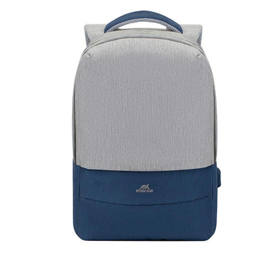 Rivacase Prater 7562 Grey and Dark Blue 15.6 inch anti theft laptop backpack front profile view, water resistant material design available in Myanmar.
