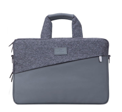 Rivacase 7930 Egmont gray laptop bag for 16 inch MacBook Pro and 15.6 inch Ultrabook, front view showing premium faux leather and tweed design.