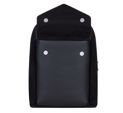 Open main compartment of Rivacase 8524 black canvas pack highlighting the high-contrast beige interior lining and separate 14 inch laptop and 10.5 inch tablet pockets.