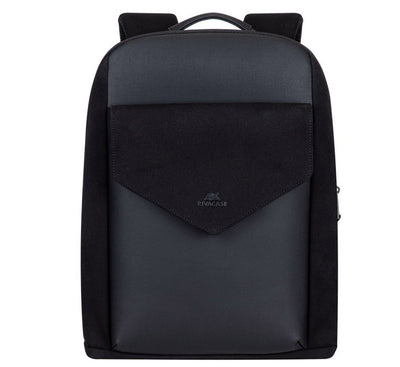 Rivacase 8524 Cardiff premium black canvas 14 inch laptop backpack featuring vintage faux leather trim and slim urban profile.