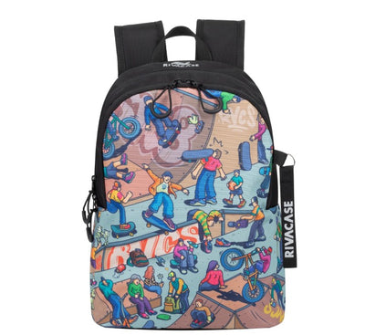Rivacase 5420 Agora black 12L compact urban backpack featuring vivid skater print patterns and water-repellent fabric finish.