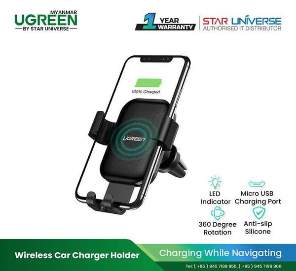 UGREEN Air Vent Wireless Fast Charger Phone Holder (Black) CD208-60982, Mobile Accessories, UGREEN - ICT.com.mm