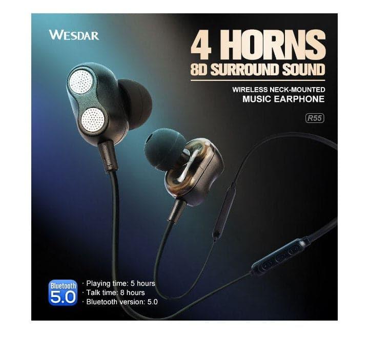 Wesdar R55 Bluetooth Wireless Neckband Earphone (Black), In-ear Headphones, Wesdar - ICT.com.mm