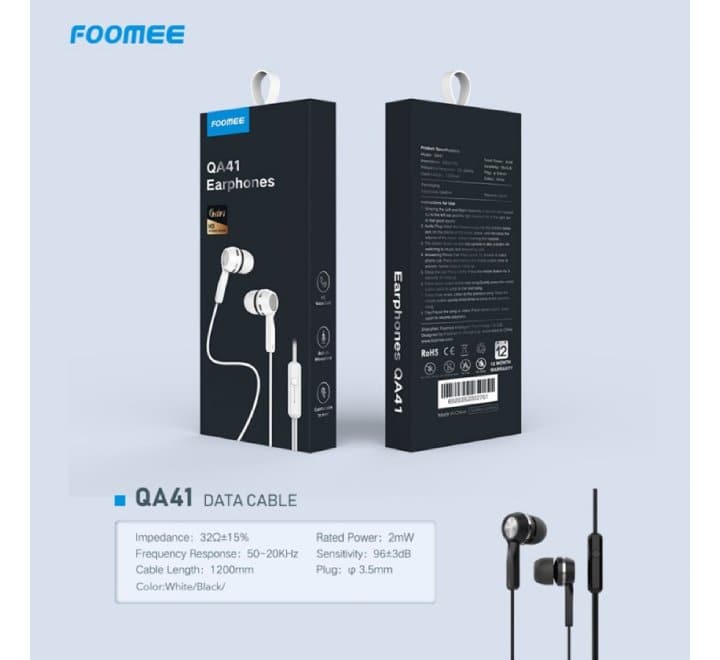 Foomee QA41 Wired Earphone (White), In-ear Headphones, Foomee - ICT.com.mm