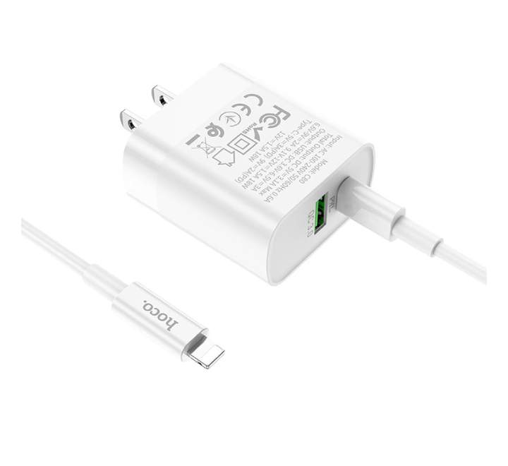 Hoco C80 Rapido PD+QC3.0 Plug Set With Type-C To Lightning Cable (White) - ICT.com.mm