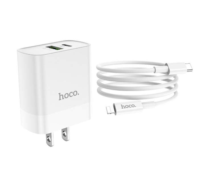 Hoco C80 Rapido PD+QC3.0 Plug Set With Type-C To Lightning Cable (White) - ICT.com.mm