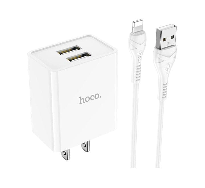 Hoco C89 Light Road Dual Port US Set With Lightning Cable (White), USB Chargers, Hoco - ICT.com.mm