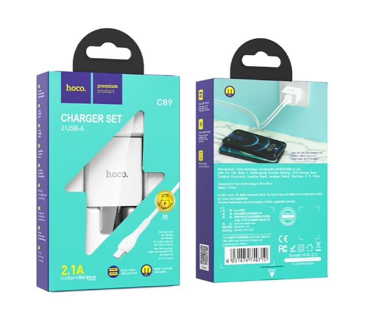 Hoco C89 Light Road Dual Port US Set With Lightning Cable (White), USB Chargers, Hoco - ICT.com.mm