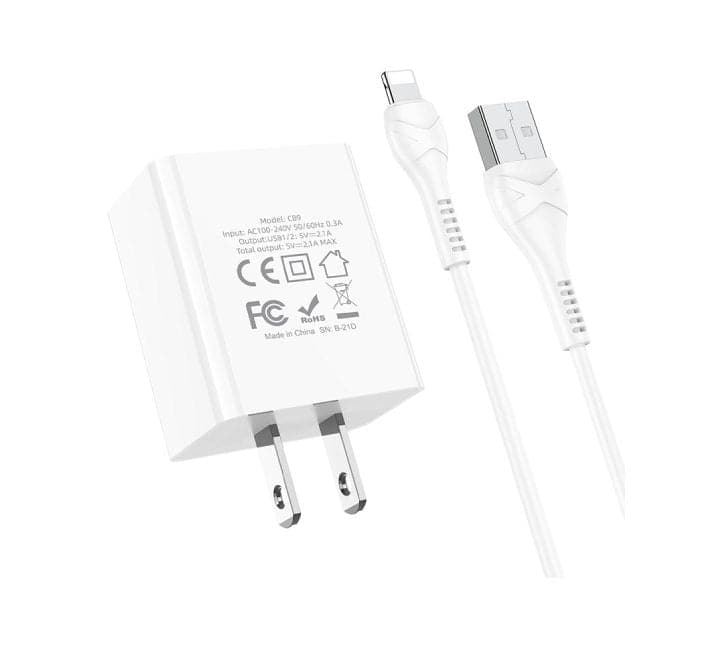 Hoco C89 Light Road Dual Port US Set With Lightning Cable (White), USB Chargers, Hoco - ICT.com.mm