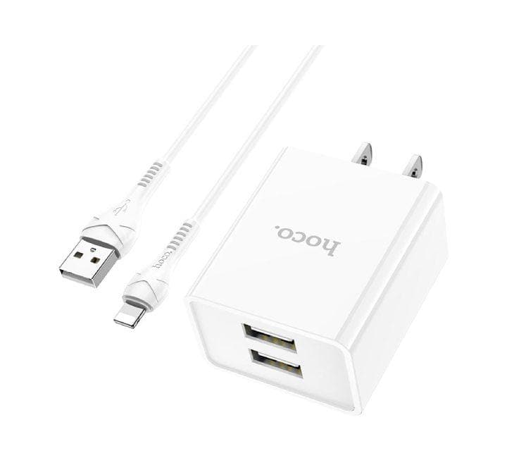 Hoco C89 Light Road Dual Port US Set With Lightning Cable (White), USB Chargers, Hoco - ICT.com.mm