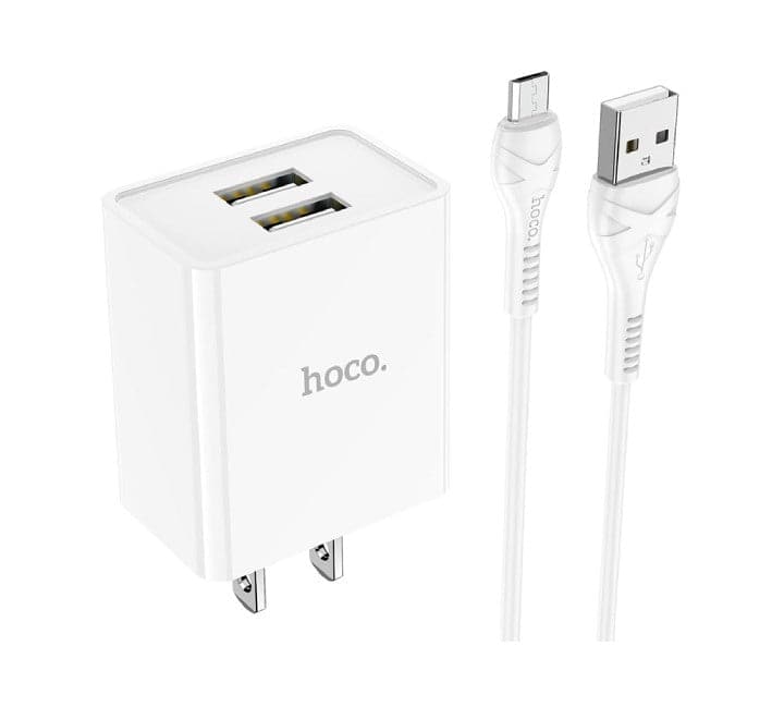 Hoco C89 Light Road Dual Port US Set With Micro-USB Cable (White), USB Chargers, Hoco - ICT.com.mm