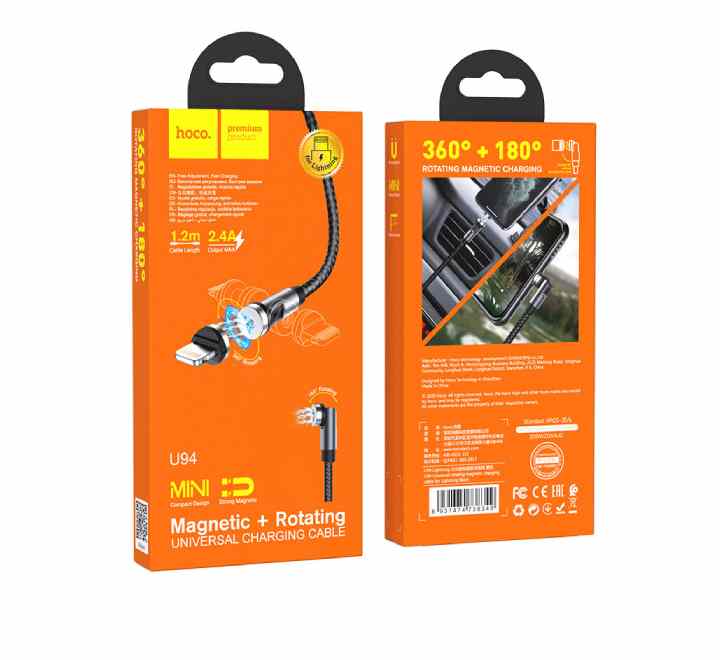 Hoco U94 Universal USB To Lightning Rotating Magnetic Charging Cable (Black)-29 - ICT.com.mm