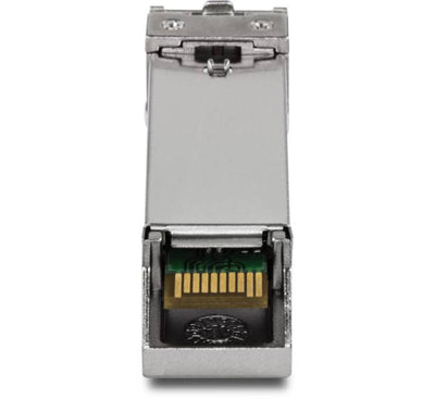 Demonstration showing how to slide the hot-pluggable TRENDnet TI-MGBS10 transceiver into a DIN-rail hardened industrial switch SFP bay.