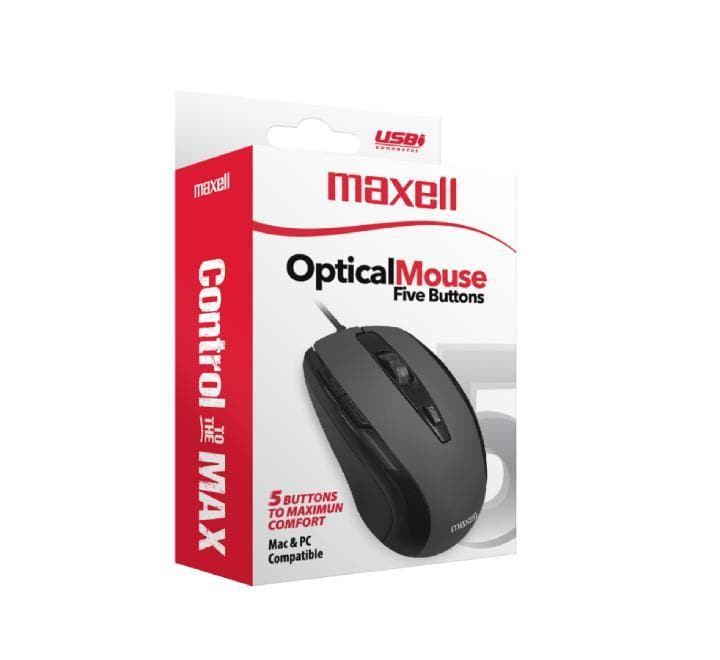 Maxell MOWR-105 Optical Mouse Five Buttons (Black), Mice, Maxell - ICT.com.mm