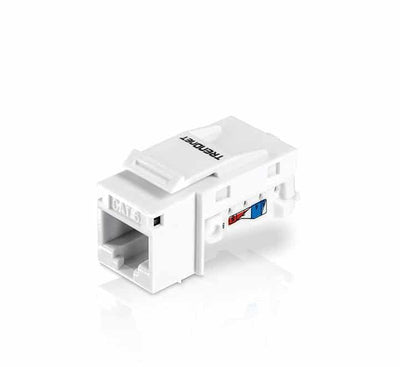 A single white TRENDnet Cat6 unshielded RJ-45 keystone jack shown from a front angle to feature the port opening and the top lock tab - ICT.com.mm