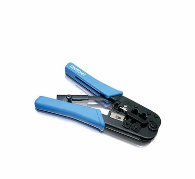TRENDnet TC-CT68 modular ratchet crimping tool showcasing its black-oxide steel frame, bright blue handles, and integrated multi-pin crimp dies - ICT.com.mm
