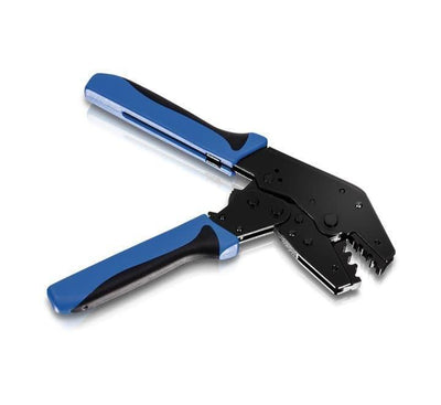 Detailed close-up view of the precision ST and SC connector crimping die on the TRENDnet TC-FCT heavy-duty hand tool.
