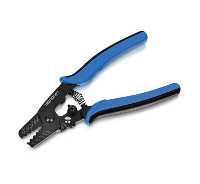 TRENDnet TC-FST Fiber Optic Stripping Tool showcasing its precision notches, carbon steel blades, and blue-and-black rubberized handles.