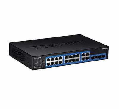 TRENDnet TEG-204WS 20-Port Gigabit Web Smart Managed Switch front faceplate layout showing standard network RJ-45 ports and combo SFP slots.