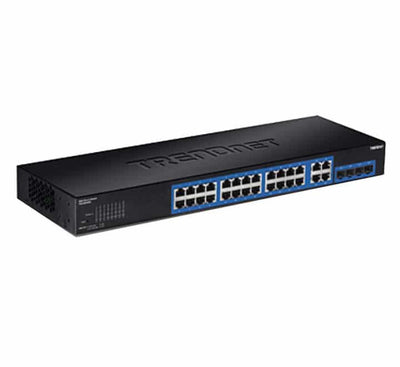 TRENDnet TEG-284WS 28-Port Gigabit Web Smart Managed Switch front faceplate layout showing standard network RJ-45 ports and combo SFP slots.