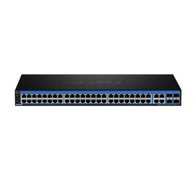 TRENDnet TEG-524WS 52-port gigabit web smart switch showing the 1U metal rackmount chassis, front face ports, and status diagnostic LEDs - ICT.com.mm