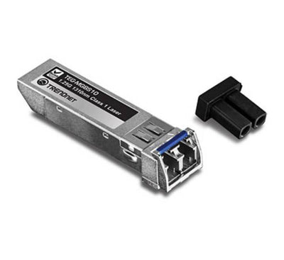 TRENDnet TEG-MGBS10 v4.0R single-mode SFP transceiver module displaying the metal enclosure and duplex LC fiber connector slot.