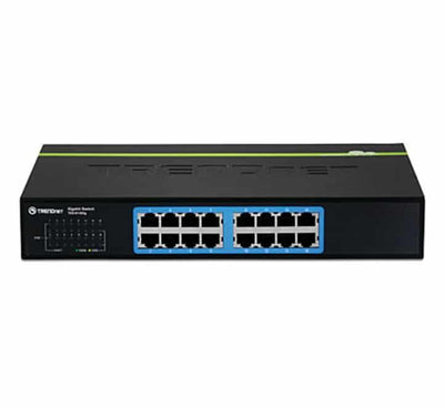 TRENDnet TEG-S16Dg 16-port unmanaged gigabit GREENnet switch displaying all 16 front-facing RJ45 data ports and status LEDs.