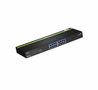 TRENDnet TEG-S16g 16-Port Gigabit Desktop Switch front view showing the dual row of RJ-45 ports and green diagnostic LEDs.