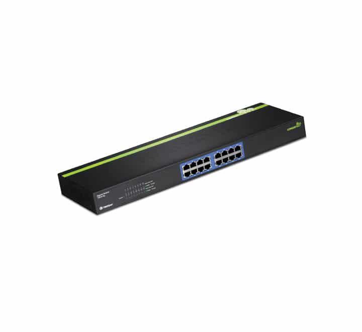TRENDnet TEG-S16g 16-Port Gigabit Desktop Switch front view showing the dual row of RJ-45 ports and green diagnostic LEDs.