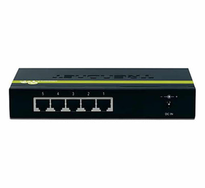 TRENDnet TEG-S50g 5-port unmanaged gigabit GREENnet mini switch showcasing its front ethernet ports and clear diagnostic status LEDs.