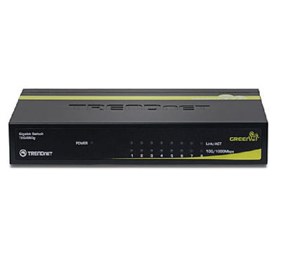 TRENDnet TEG-S80g 8-Port Gigabit GREENnet Mini Switch front layout showing its compact black metal chassis, green accent stripe, power LED, and numeric activity indicators.