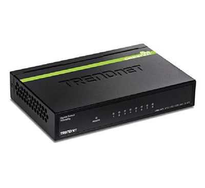 Rear connection panel of the TRENDnet TEG-S80g switch showcasing eight unmanaged 10/100/1000Mbps Gigabit RJ-45 copper port bays.
