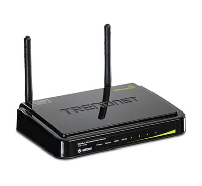 Rear physical layout panel of the TRENDnet TEW-731BR router highlighting four blue Fast Ethernet LAN ports, one yellow WAN port, and dual external antennas.