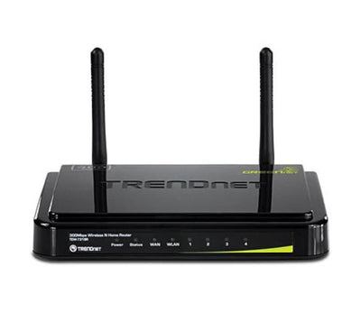 Front view of the compact black plastic housing panel of the TRENDnet TEW-731BR wireless router displaying green status diagnostic LED indicator icons.
