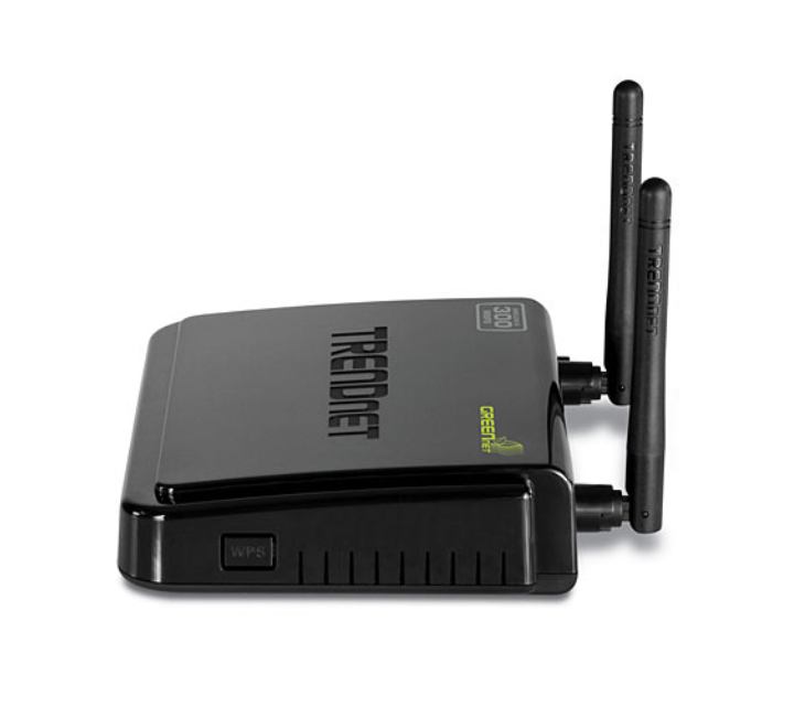 Full retail package overview of the TRENDnet TEW-731BR home router showing the central unmanaged desktop device flanked by its external DC power adapter supply.